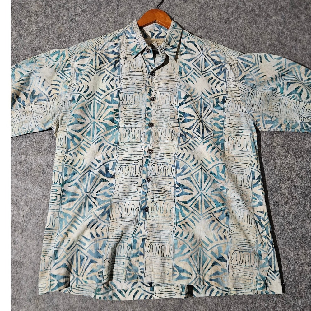 Johari West Button Up Shirt Men XL Blue Batik Geometric Tropical Cotton
